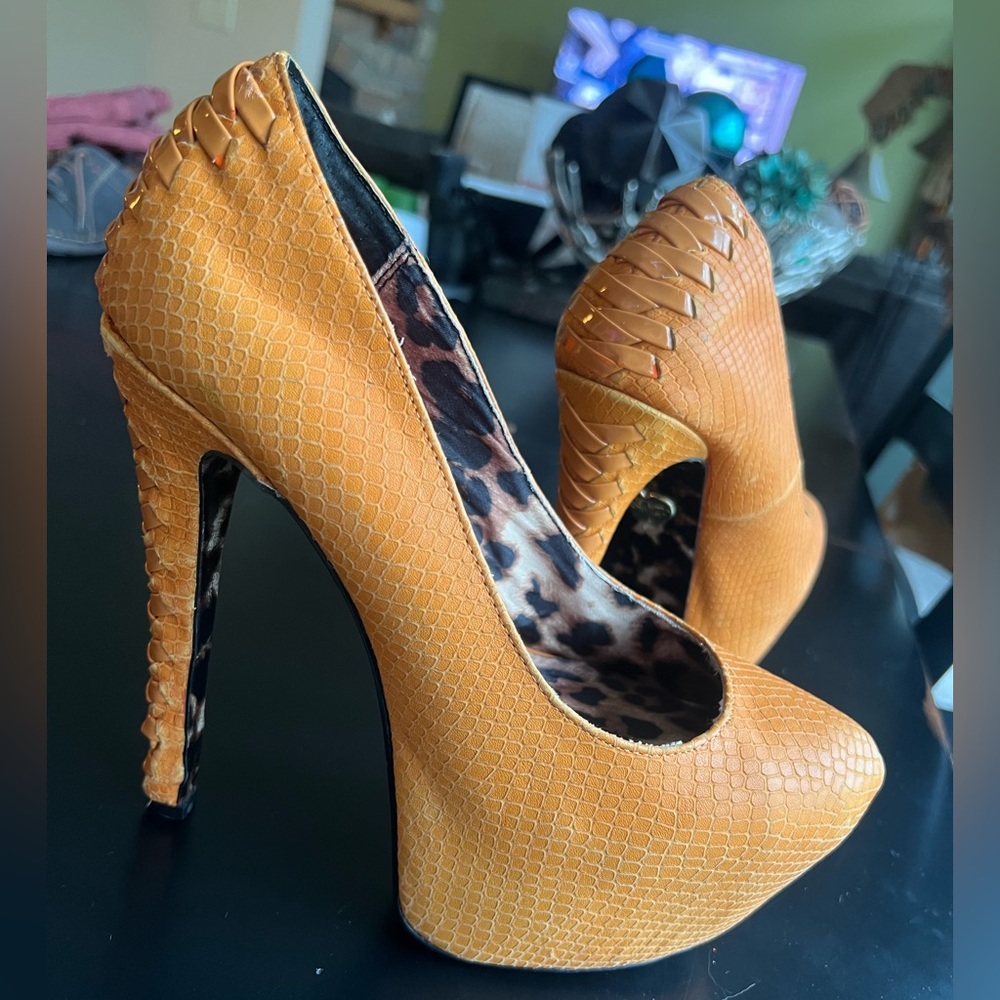 Betsey Johnson Heels. Snake print outer & w/Leopard print sole & lining